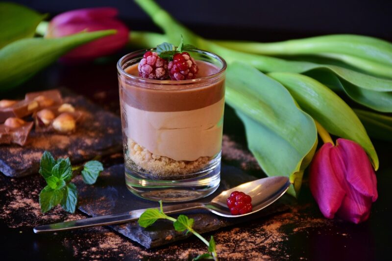 nougat, mousse, chocolate mousse, dessert, food, nourishment, meal, sweet dish, nature, enjoyment, yummy, cream, cute, creamy, glass, chocolate, nuts, sugar, delicious, spring, tulips, still life, food photo, hazelnuts