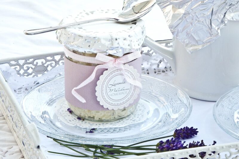 dessert, glass, plate, lavender, idyll, romantic, sweet dish, food, meal, yummy, cream, cute, lavender, lavender, lavender, lavender, lavender