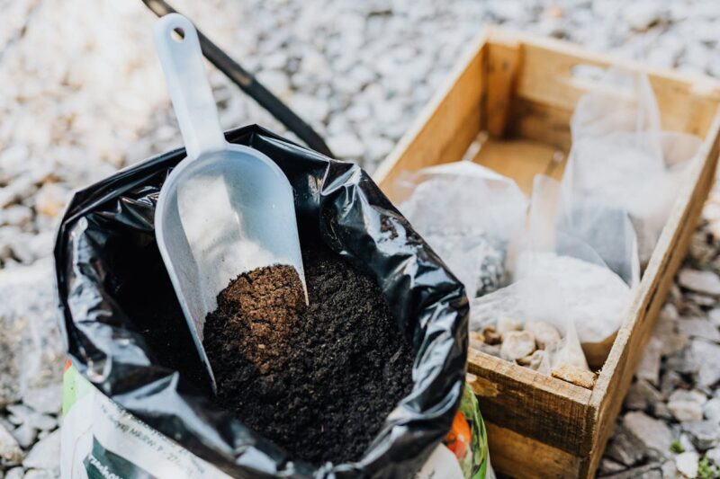 Close-up of gardening essentials with soil scoop, bag, and wooden box in garden setting.