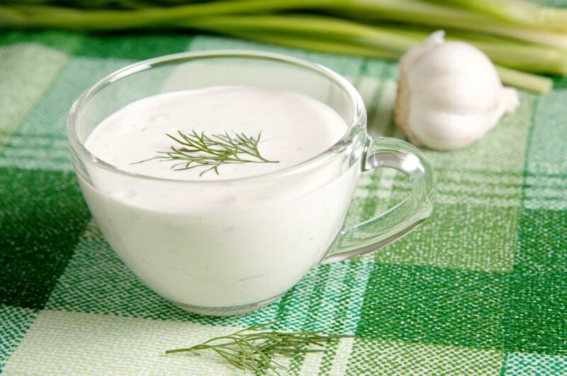 glass, cup, sauce, sour cream, table, tablecloth, garlic, greens, sauce, sour cream, sour cream, sour cream, sour cream, sour cream
